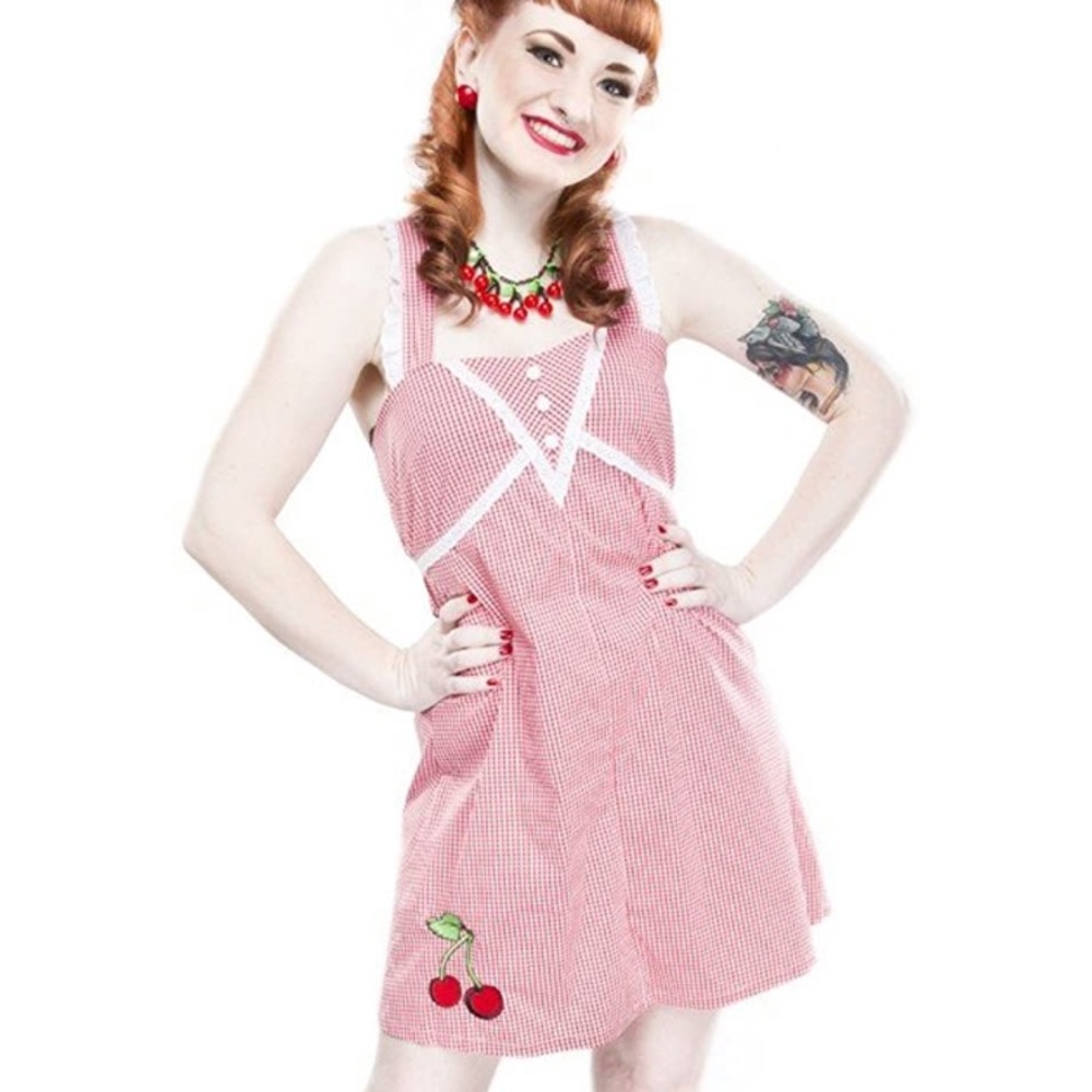 Sourpuss Cherry Bop Dress Red & White Gingham EUC